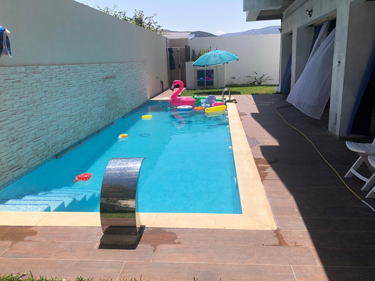 A polished swimming pool reflects sunlight, surrounded by lounge areas. Colorful floating toys are visible on the water's surface, alongside an umbrella providing shade. A stylish water feature adds an elegant touch, while a wall of greenery is seen in the background.