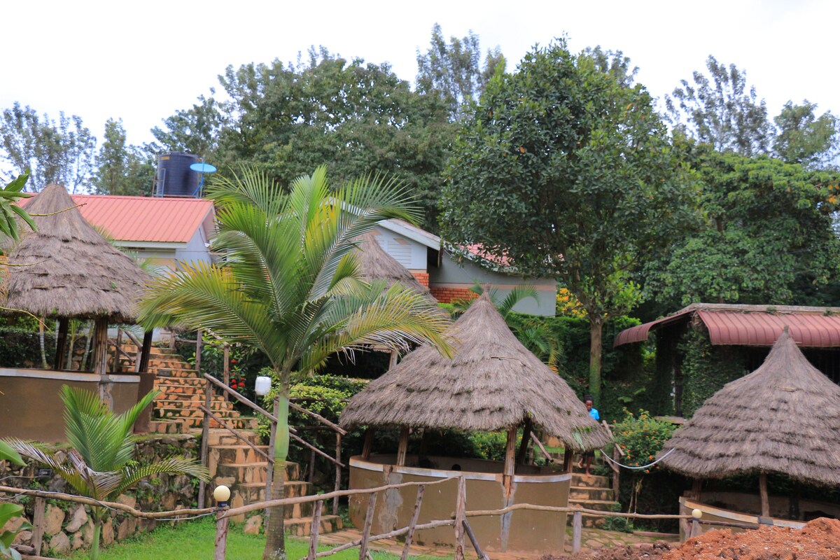 A cluster of thatched-roof huts is set within a lush garden. Various trees and shrubs surround the area, contributing to a natural, serene environment. The buildings feature rustic wooden frames, and a gentle slope leads up to a larger structure in the background.