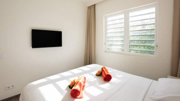 Chumba cha kulala na kitanda cha watu wawili, TV na kabati