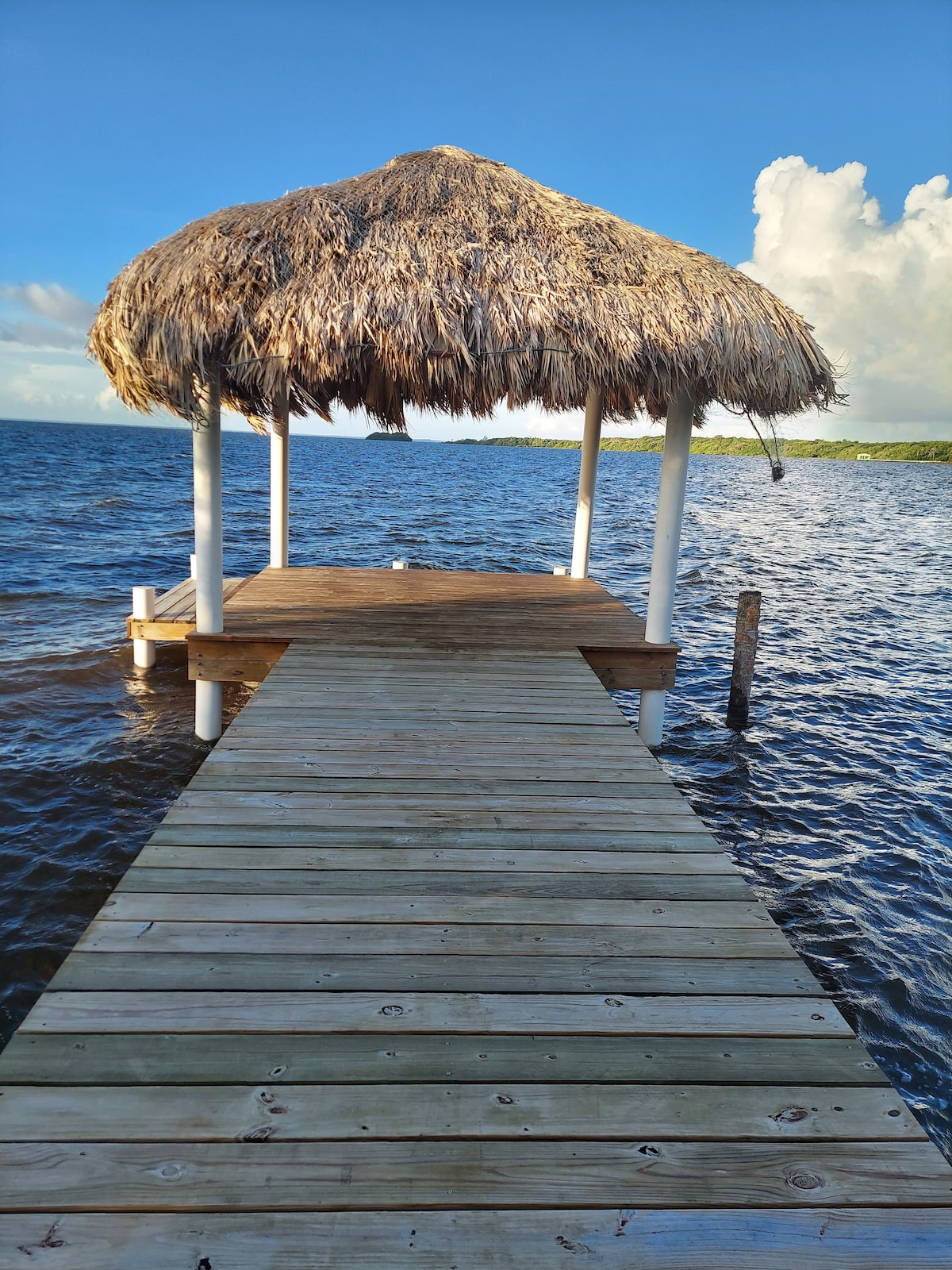 A wooden dock extends into the water, featuring a thatched-roof gazebo at its end. Gentle waves are visible in the water, reflecting the blue sky with a few white clouds. The surrounding landscape hints at lush greenery in the distance.