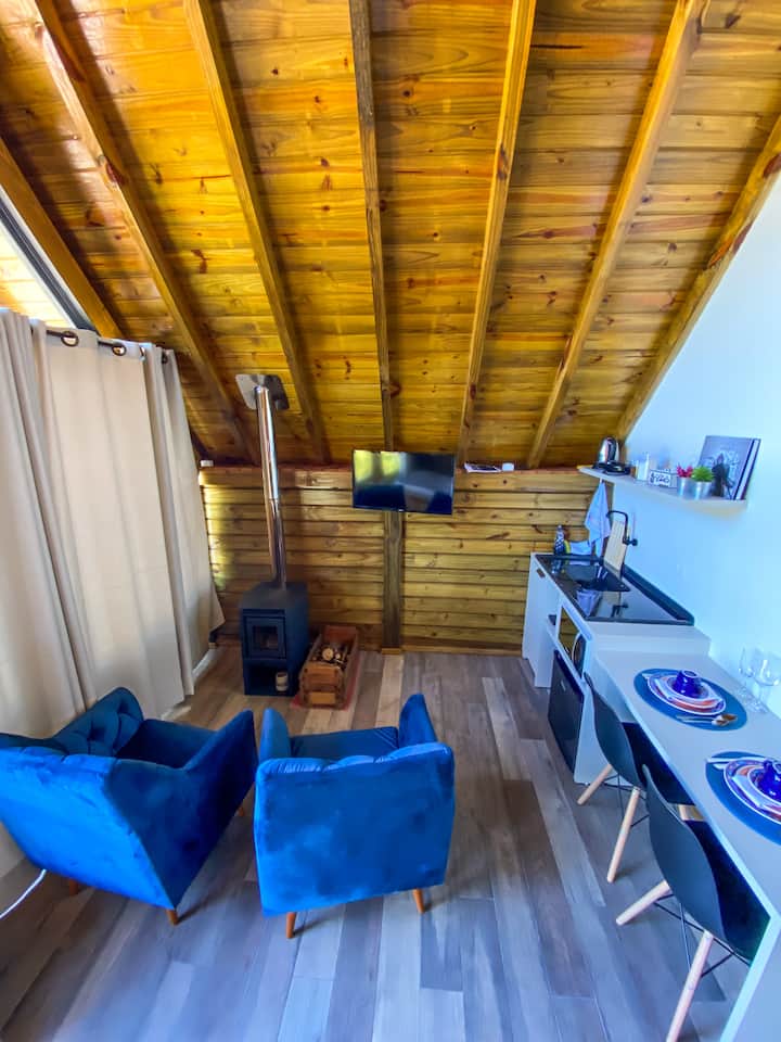 Vista de la sala de estar y cocina compacta con encimera.