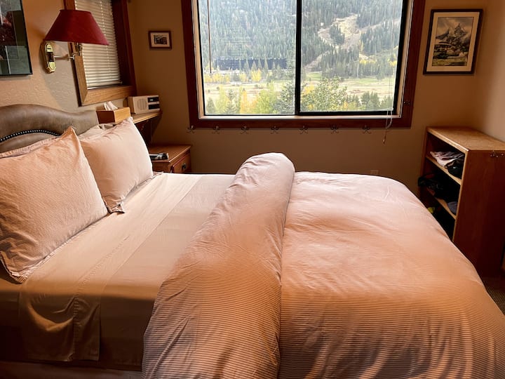 Camera da letto al piano superiore con vista sulle montagne e sul prato.