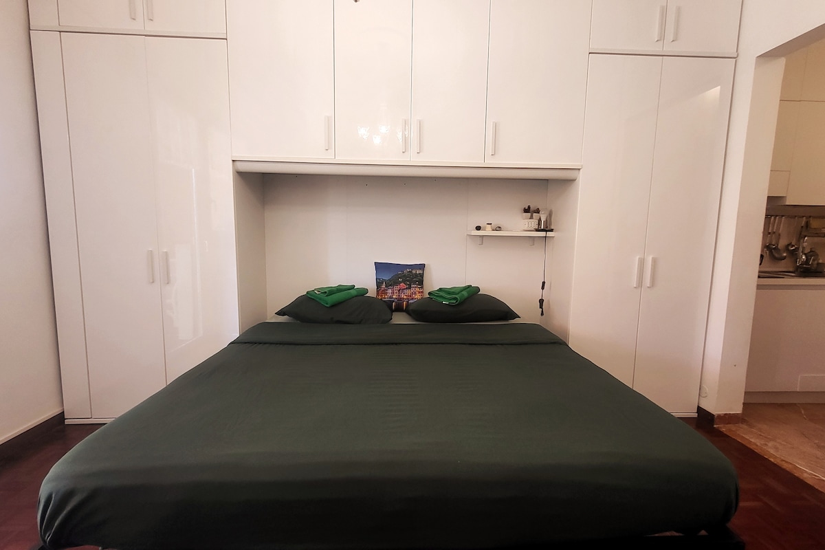 A spacious sleeping area is highlighted by a king-size bed dressed in a dark green cover. Two green towels are neatly placed at the head of the bed, which is backed by a wall of white cabinetry. Natural light filters in, enhancing the serene atmosphere.