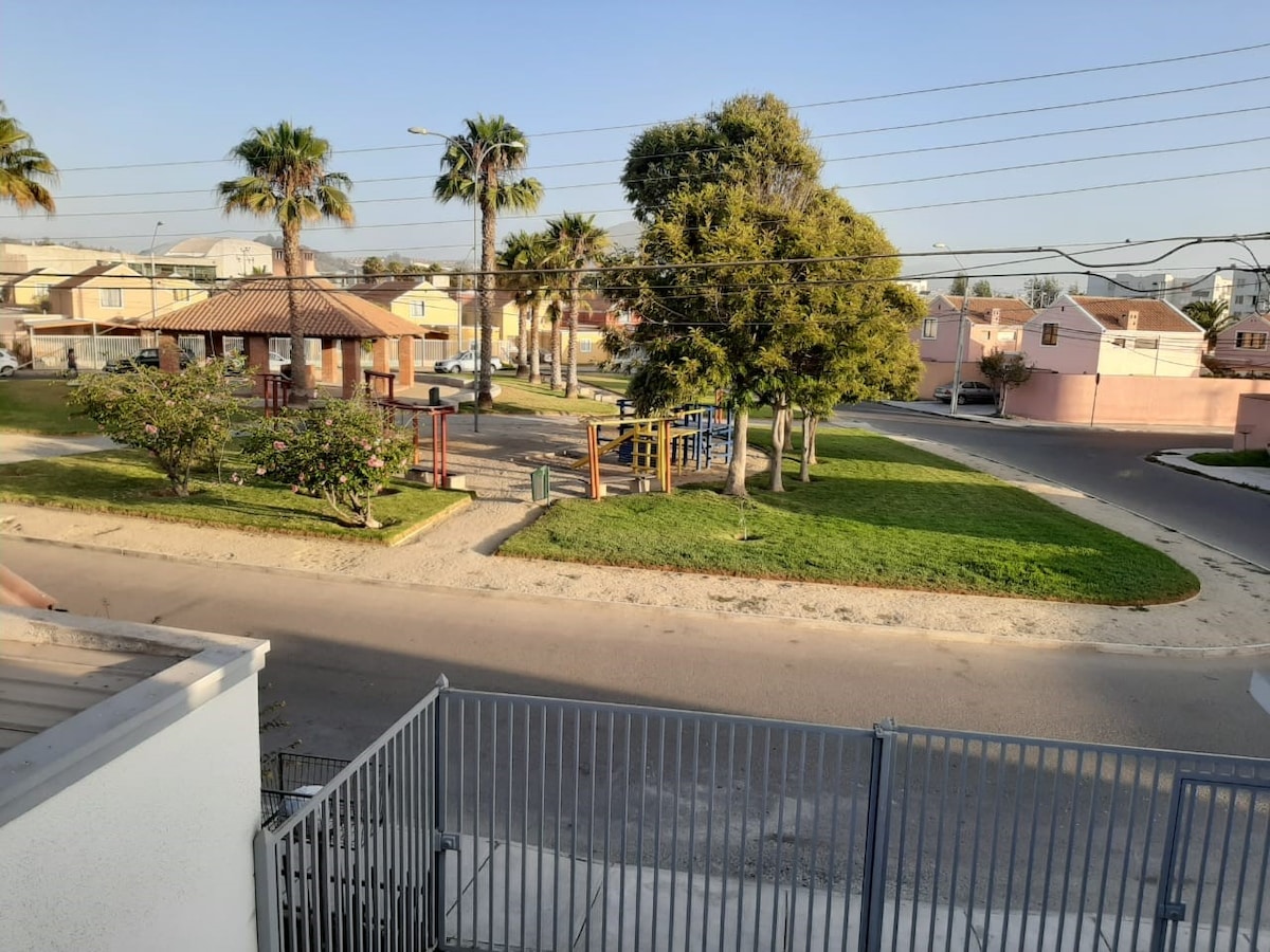 A view of a neighborhood playground is presented, featuring green grass and palm trees. The playground equipment is visible, along with a covered seating area. Nearby streets and residential homes are seen in the backdrop under a clear blue sky.