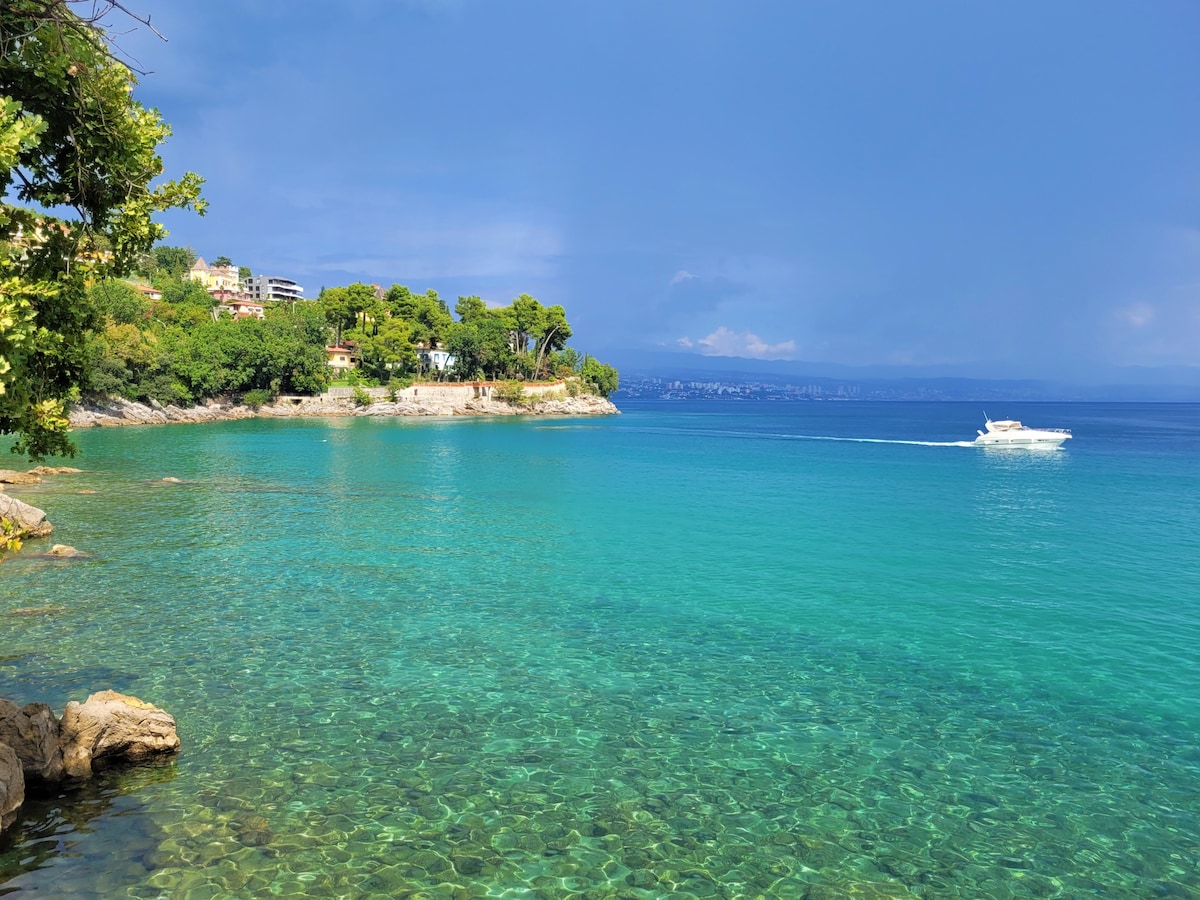 A serene coastal view captures calm, clear waters reflecting shades of turquoise. Lush greenery lines the shore, while a boat glides gently across the water, adding a subtle sense of movement to the tranquil scenery.