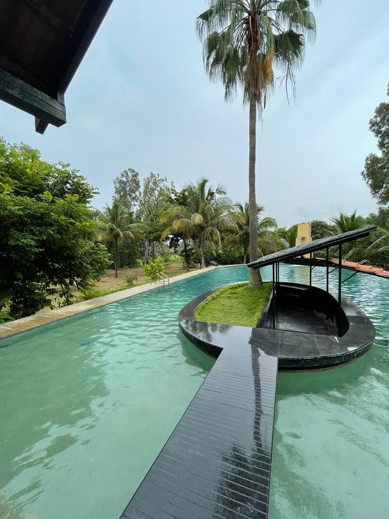 A circular swimming pool is framed by lush greenery, featuring a sleek, black walkway that connects to a raised platform. Tall palm trees provide shade, while the sky overhead is slightly overcast, creating a serene atmosphere for relaxation.