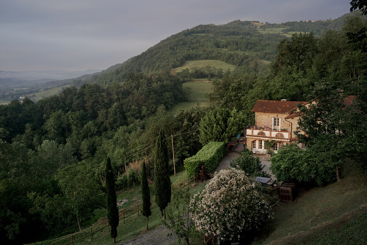 The rustic house is situated amidst lush, rolling hills, surrounded by trees and greenery. A gravel pathway leads to the entrance, while flowering shrubs add natural beauty to the landscape. The tranquil setting conveys a sense of peace and connection to nature.