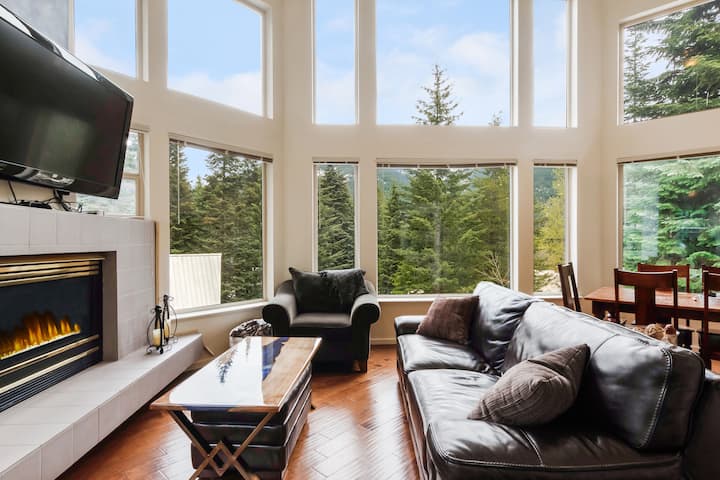 客厅有风景如画的窗户。 我们喜欢透过这些窗户观赏雪花！