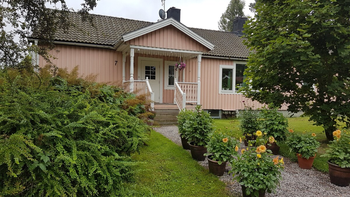A charming single-story house is surrounded by lush greenery and flower pots. The exterior features soft pink siding and a welcoming front porch adorned with steps. A variety of plants, including blooming flowers, create an inviting setting.