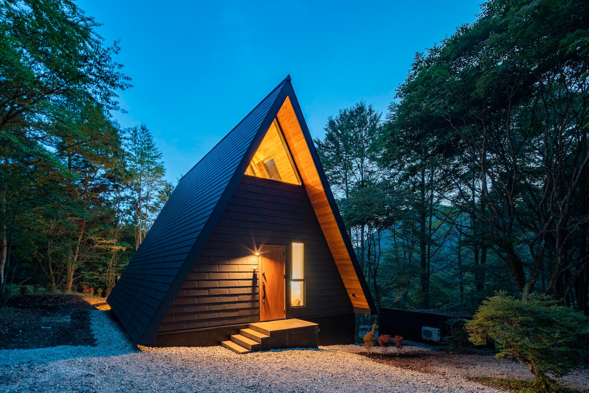 An A-frame house features a striking triangular structure with dark siding and an inviting wooden entrance. Surrounding trees create a natural setting, while the twilight sky enhances the atmosphere. Soft light emanates from the entrance, welcoming guests to the unique architectural design.