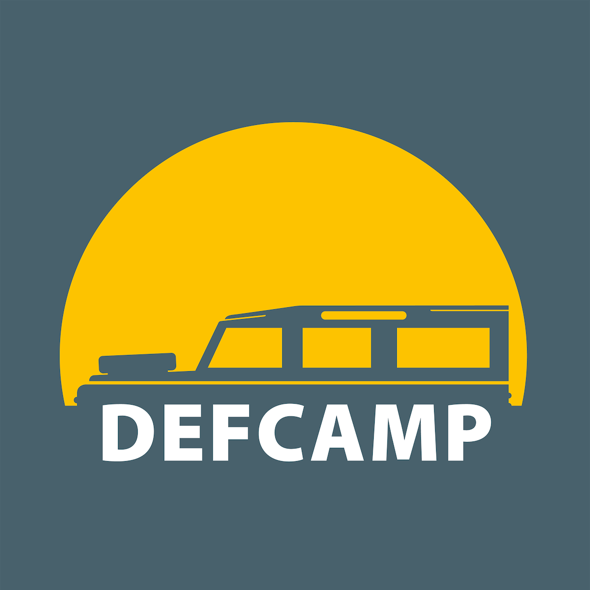 A logo featuring the word 'DEF CAMP' is displayed prominently beneath a stylized silhouette of a Land Rover against a large, bold yellow circle representing the sun. The overall design conveys a sense of adventure and connection with nature.