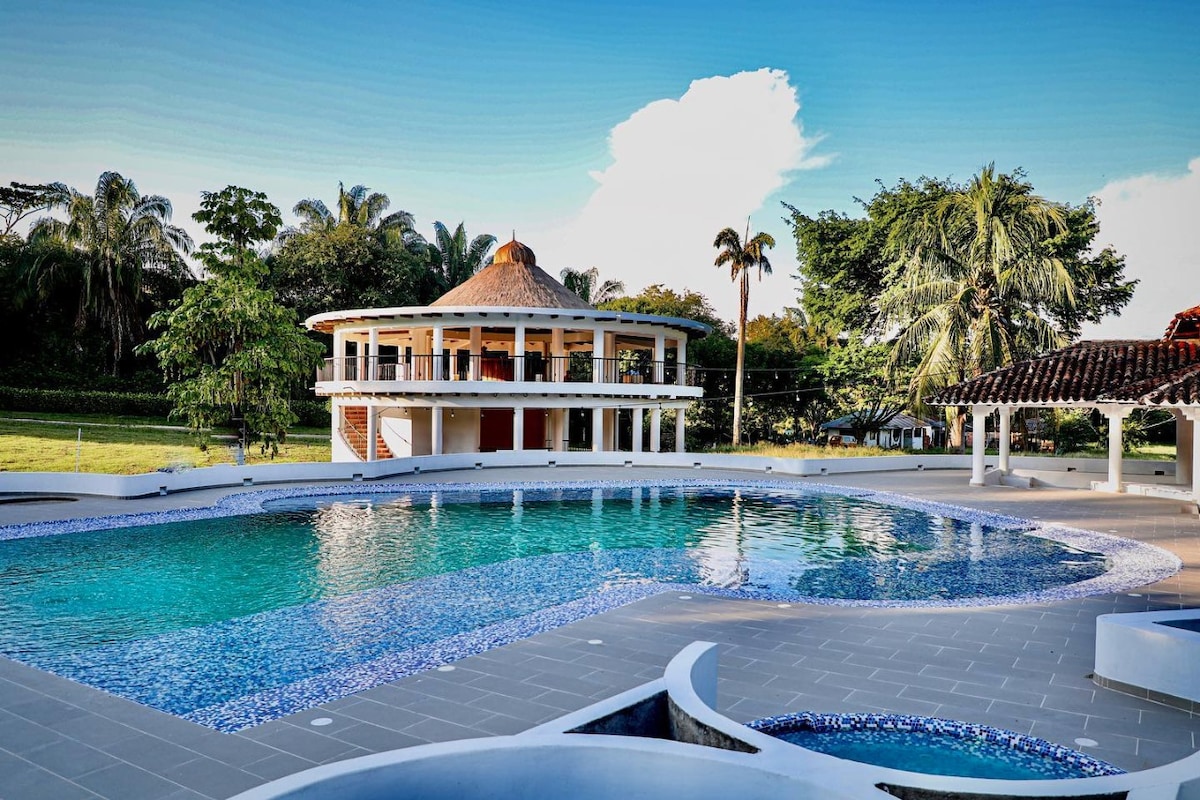 A large, circular building features a thatched roof and spacious balconies, overlooking a sparkling pool. The pool area includes a unique shape with blue tile accents and is surrounded by lush greenery and palm trees under a clear blue sky.