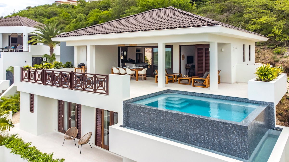The villa displays a modern architectural design with a spacious terrace featuring an infinity pool, surrounded by tropical greenery. Two comfortable chairs are placed on the terrace, and expansive glass doors enhance the connection between indoor and outdoor spaces.