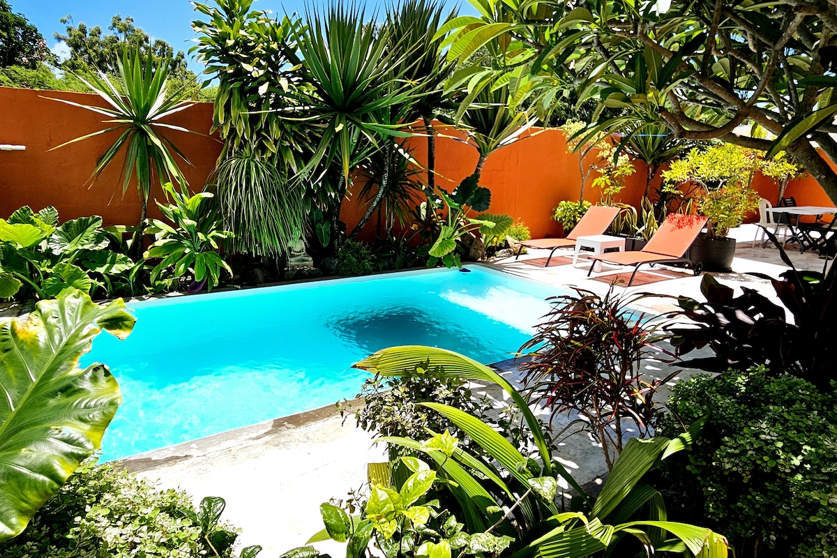 A serene swimming pool is surrounded by lush greenery and vibrant plants. Sun loungers are positioned beside the pool, inviting relaxation. The backdrop features a warm orange wall, enhancing the peaceful outdoor atmosphere.