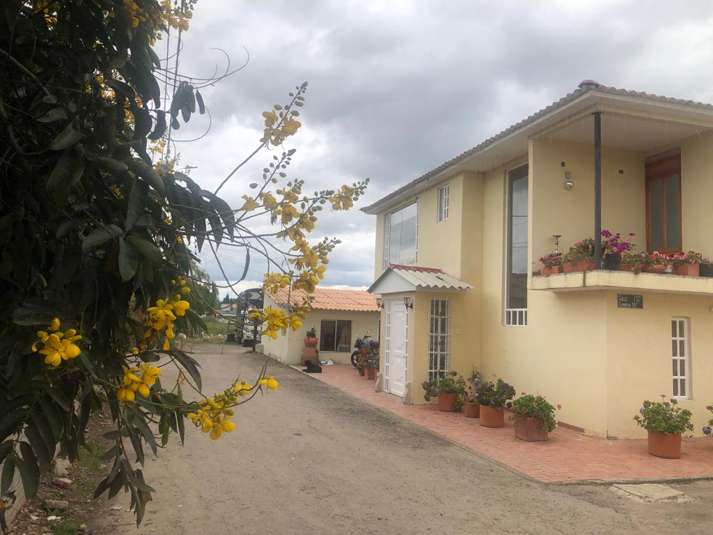 A charming yellow house is framed by flowering plants. The structure features large windows and a welcoming entrance, while a paved path leads to the front door. Potted flowers are arranged around the entrance, adding a touch of greenery to the rural setting.