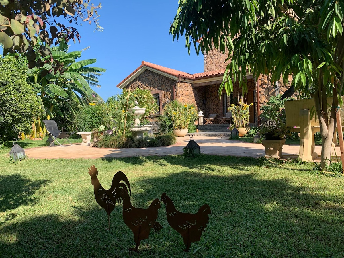 The image captures a charming villa surrounded by lush greenery and colorful plants. In the foreground, metal silhouettes of chickens are positioned on a manicured lawn. The villa, built from natural stone, features a welcoming entrance and an outdoor sitting area under a clear blue sky.