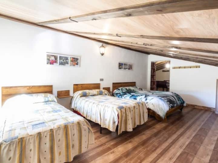 Dormitorio con 1 cama de matrimonio y 2 camas individuales.