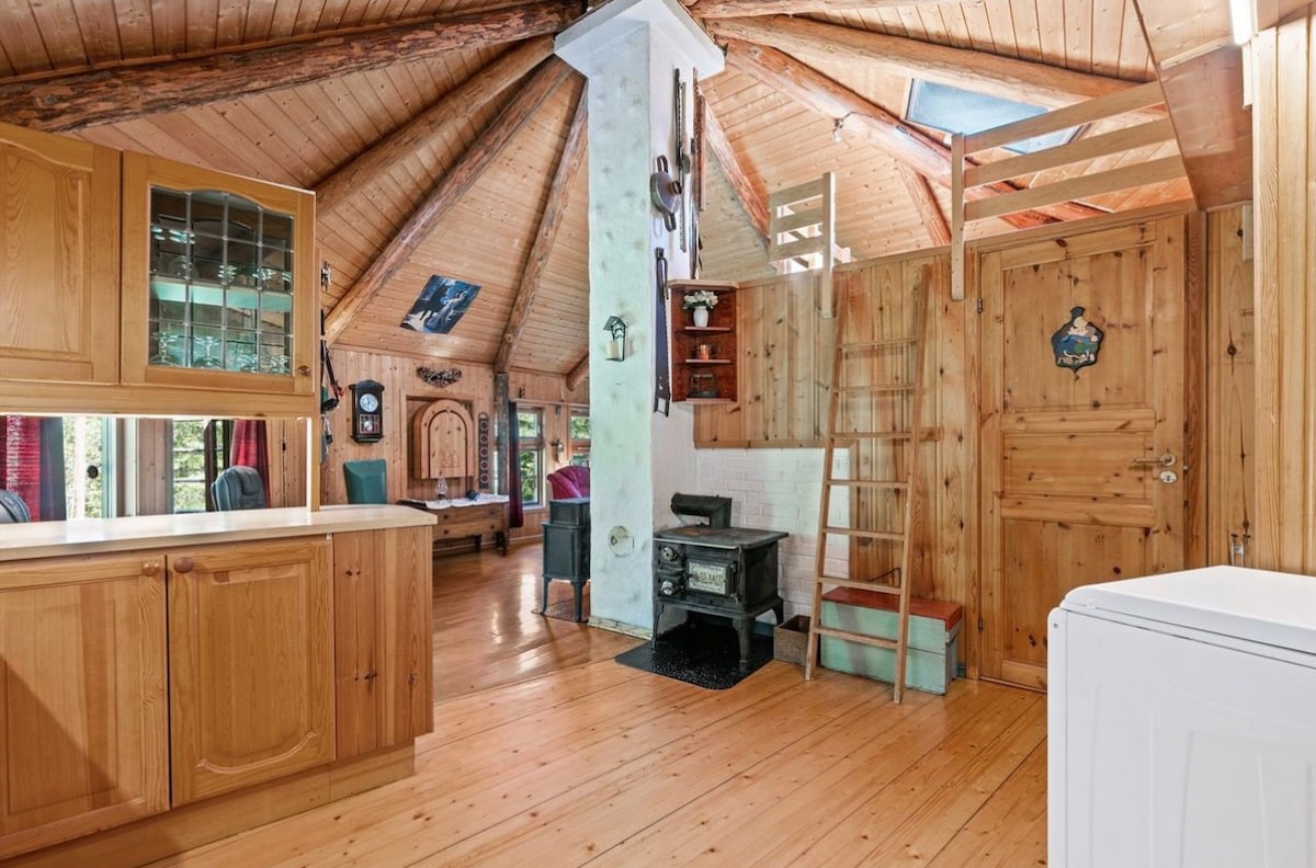 The interior features a wooden kitchen area with cabinetry and a countertop. A door leads to a cozy living space, where a wood-burning stove is positioned on a tiled base. A staircase, crafted from wood, ascends to the loft area, enhancing the cabin's rustic charm.