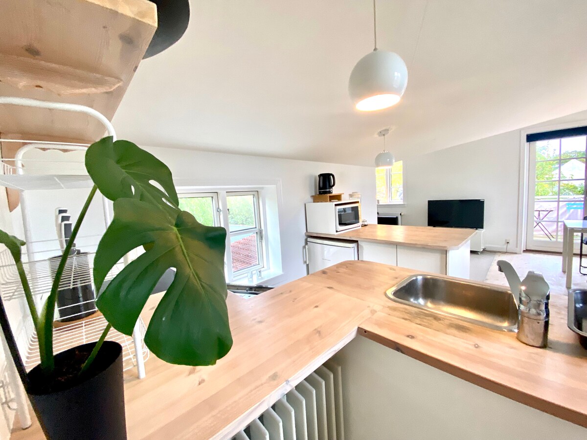 The open kitchen area features a wooden countertop and modern appliances, including a microwave and coffee maker. A charming plant adds a touch of greenery, while large windows provide natural light and a view of the outdoors. The space connects seamlessly to the living area.