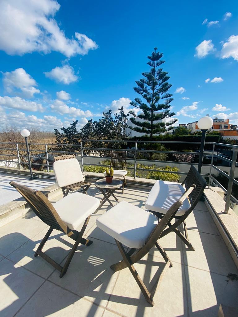 An outdoor terrace is depicted, featuring a round table surrounded by four folding chairs. A potted plant is placed at the center of the table. The sky is bright with clouds, and a pine tree is visible in the background.