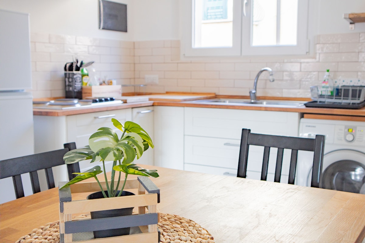 A kitchen space is featured with wooden countertops and white cabinetry. Essential appliances, including a refrigerator and a washing machine, are visible. A dining table with black chairs is centered, adorned with a small plant in a wooden planter, adding a touch of greenery.