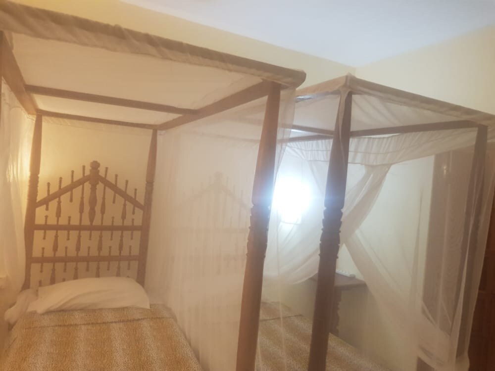 A spacious sleeping area is furnished with two canopy beds, each draped with a light, sheer fabric for insect protection. The warm walls contribute to a calm atmosphere, while soft bedding is visible. Light filters in through a nearby window, enhancing the serene setting.