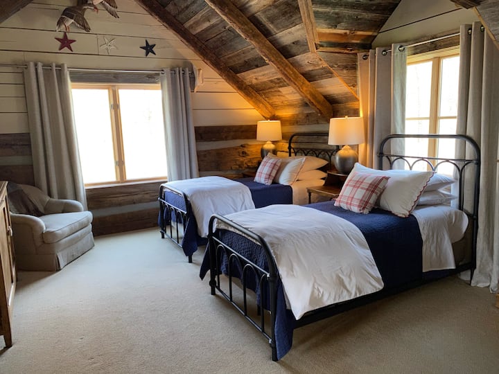 2 twin beds upstairs at the cabin...this room is in an open space
