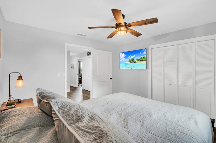 Queen bed with Stearns and Foster mattress