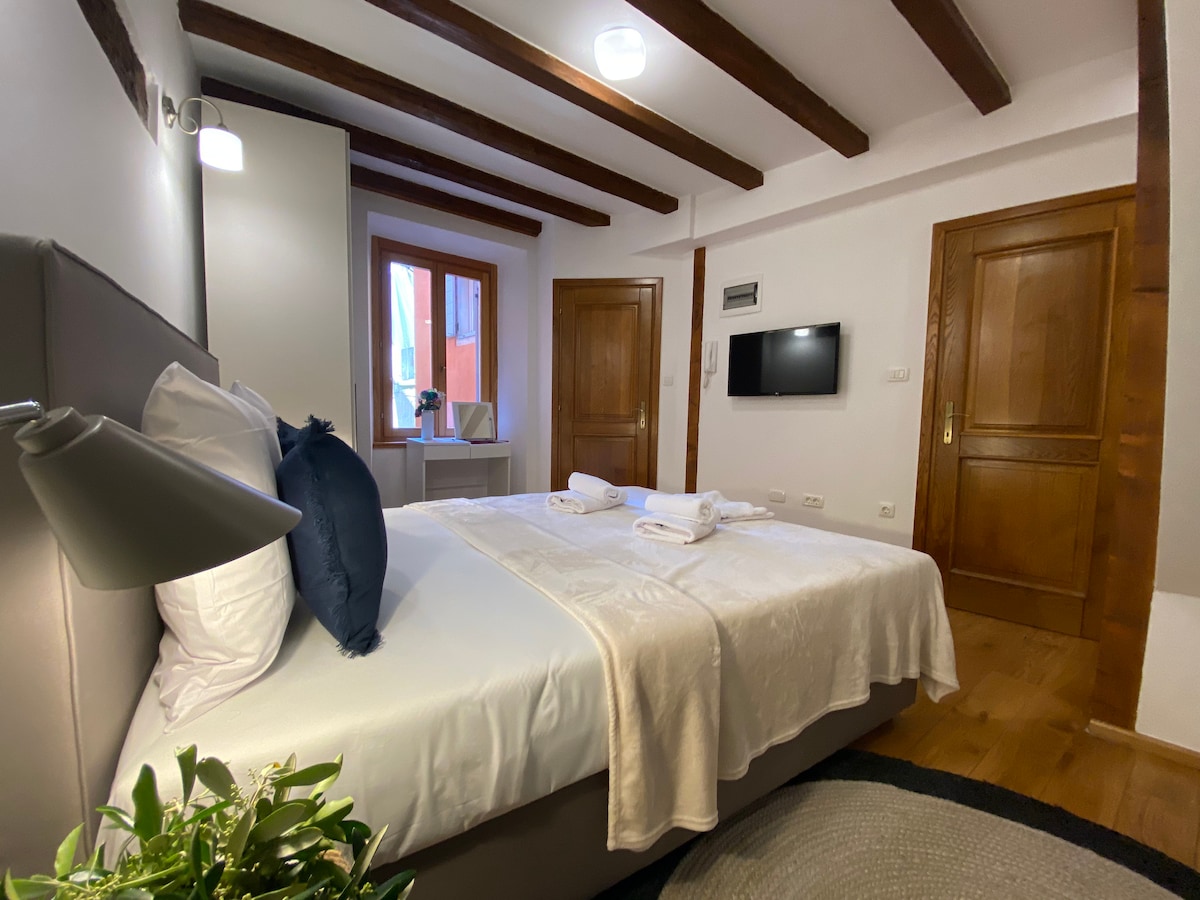 A well-furnished sleeping area is highlighted by a spacious bed, adorned with light linens and decorative cushions. Natural light enters through a window, complemented by wooden beams and polished floors. A small plant adds a touch of greenery, while a wall-mounted TV is positioned for convenience.