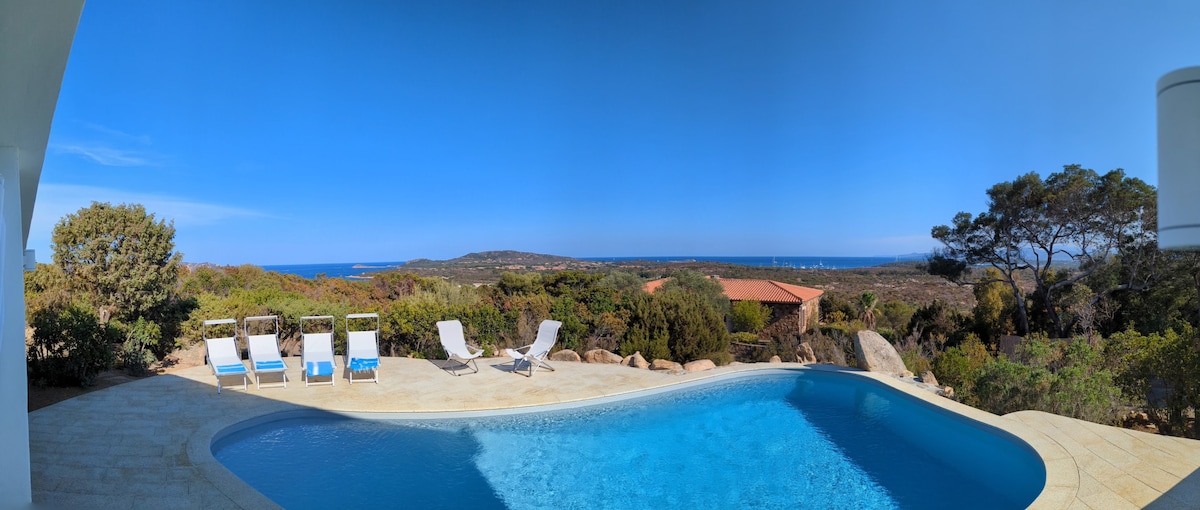 A spacious salt water pool is surrounded by four sun-beds, offering panoramic views of the ocean and surrounding landscape. Lush, natural vegetation frames the scene, enhancing the tranquil ambiance under a clear blue sky.