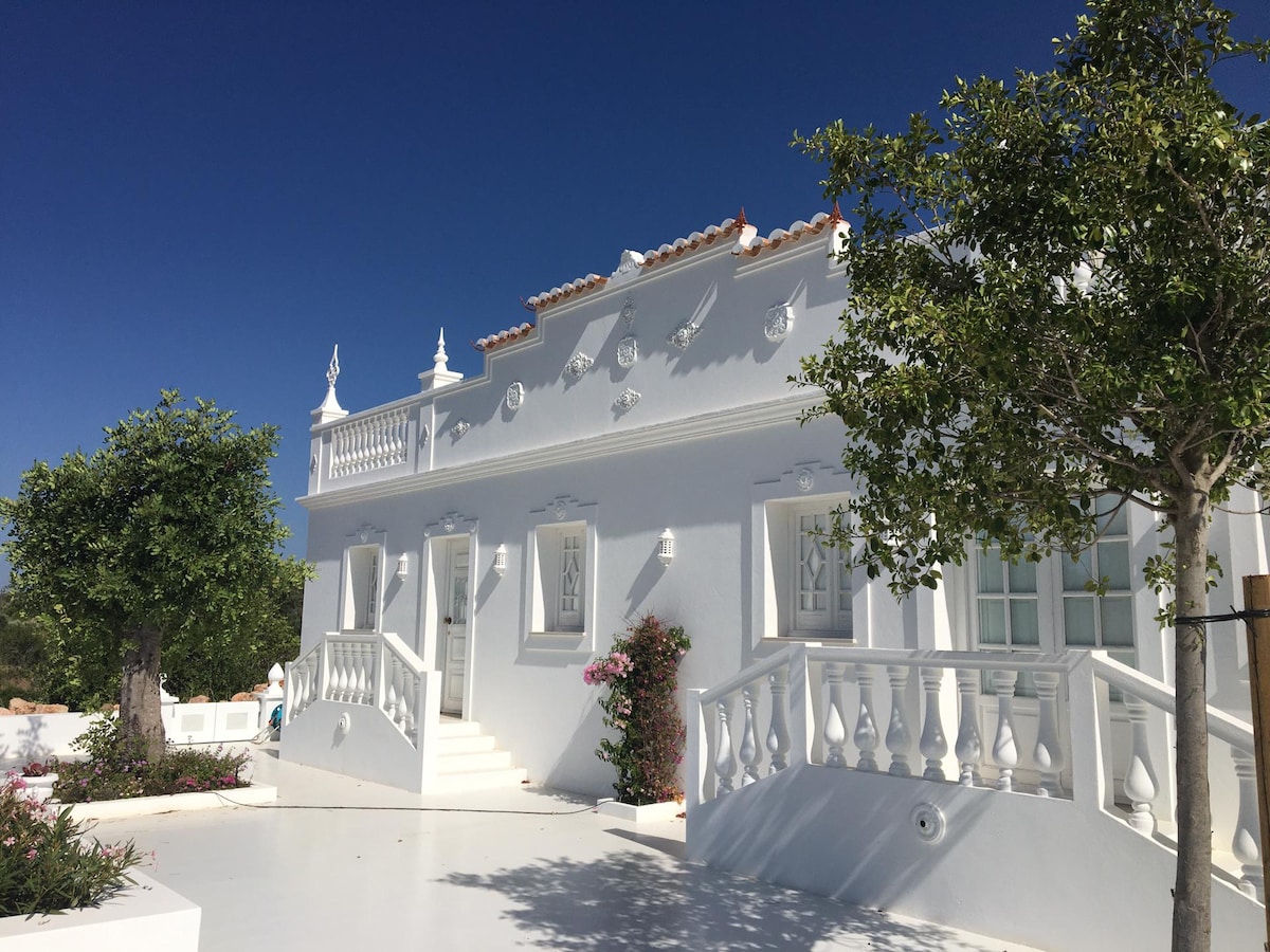 A charming villa is framed by lush greenery, featuring white walls and decorative elements. The building is complemented by a spacious terrace with white railings, and steps lead to the entrance. Two trees and vibrant flowers add to the serene outdoor setting under a clear blue sky.