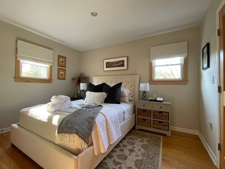 Bedroom #1: 1st Floor Cream Bedroom with Queen size bed, two closets 

Robes and extra blankets in closet