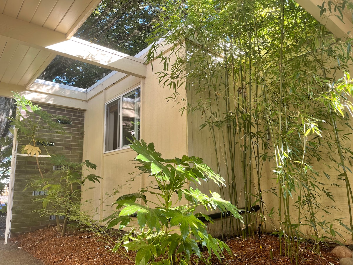 A tranquil outdoor corner features tall bamboo plants alongside lush greenery. Natural light filters through the overhead beams, casting soft shadows on the ground. A window in the background offers a glimpse of the home's exterior, complementing the serene atmosphere.