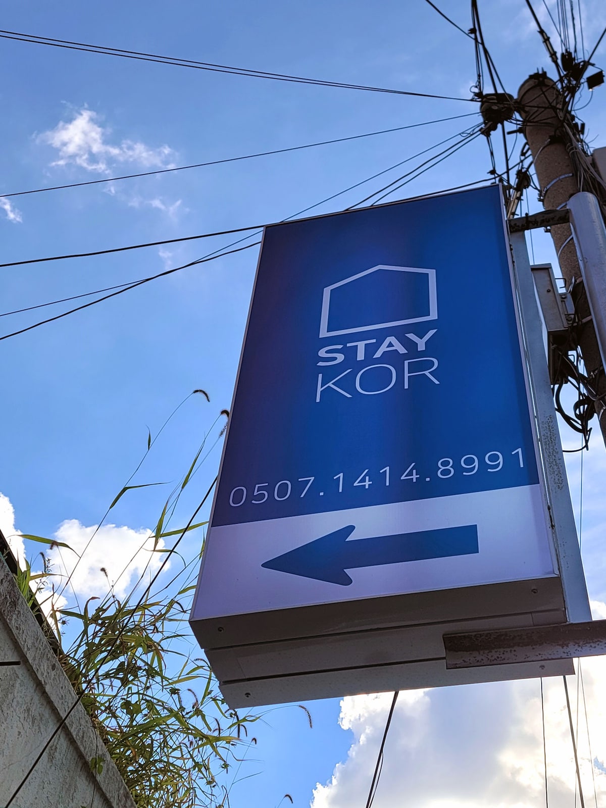 A prominent sign displaying the name 'STAY KOR' is seen against a bright blue sky. The sign is equipped with a directional arrow pointing left, with green foliage partially visible in the foreground. Power lines are also visible along the pole.