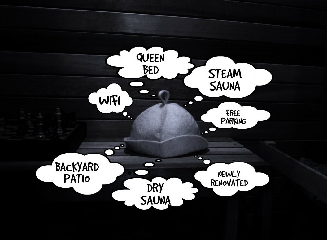 A cozy indoor scene showcases a plush hat placed atop a wooden surface. Informative bubbles highlight features: a queen bed, steam sauna, WiFi, free parking, a backyard patio, dry sauna, and the recently renovated aspect of the unit.