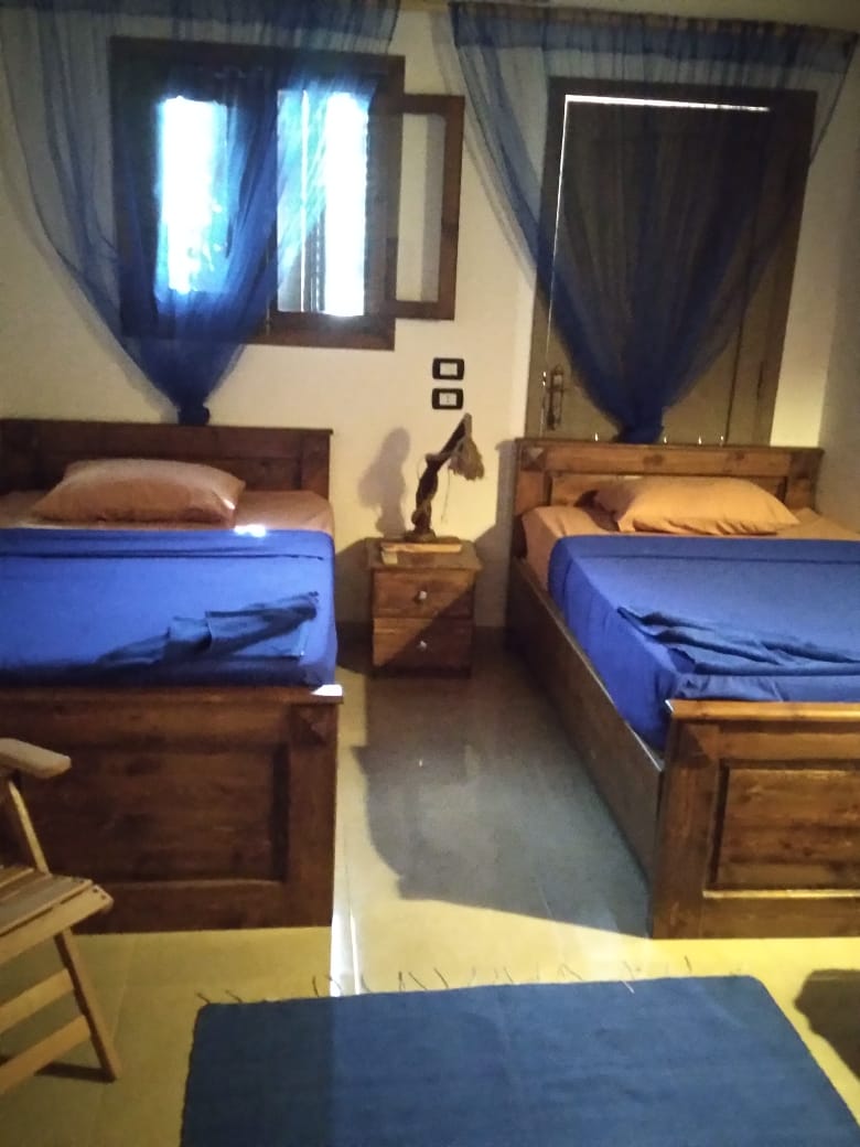 A tranquil bedroom features two wooden beds with blue bedding. Soft lighting filters through window drapes, complementing the warm tones of the bed frames. A small nightstand with a decorative item adds a touch of style, while a blue area rug enhances the inviting space.