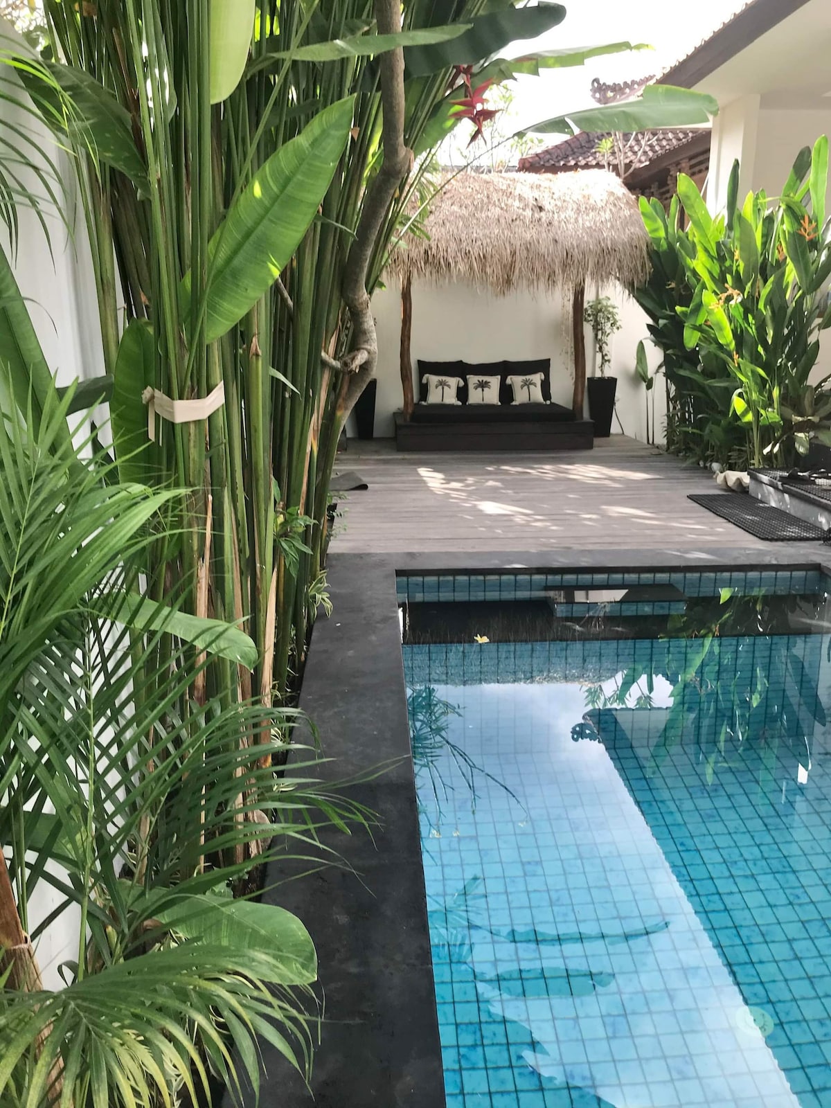 A serene outdoor area features a plunge pool with clear blue water reflecting the surrounding greenery. Lush plants and tall bamboo create a natural barrier, while a shaded seating space with a thatched roof is accessible on an adjoining wooden deck.