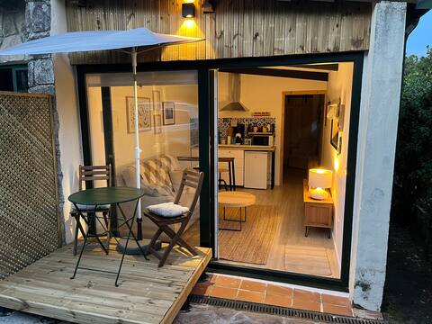 Tiny forest, cozy mini cottage style cabin