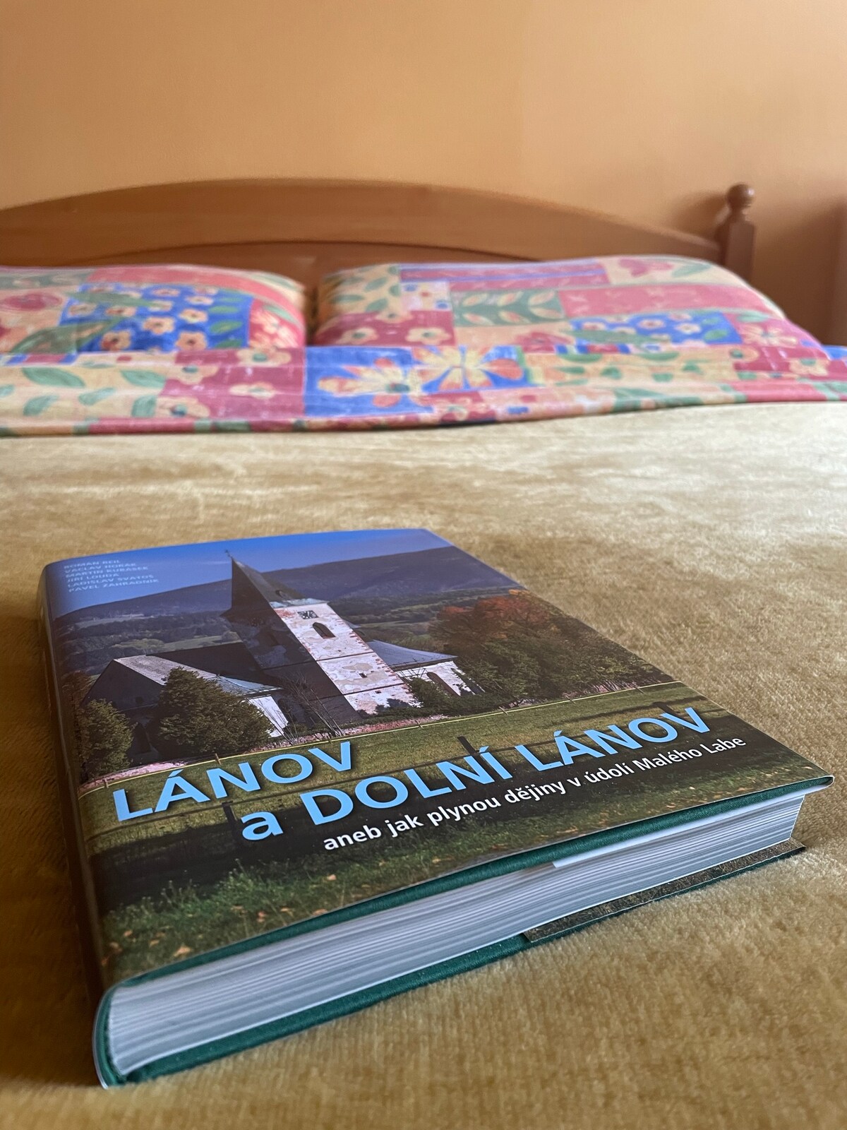 A well-kept bedroom features a spacious bed adorned with a colorful quilt, complemented by a book placed prominently on the golden bedspread. The walls are painted in a warm, muted color, creating an inviting ambiance, as natural light gently illuminates the room.