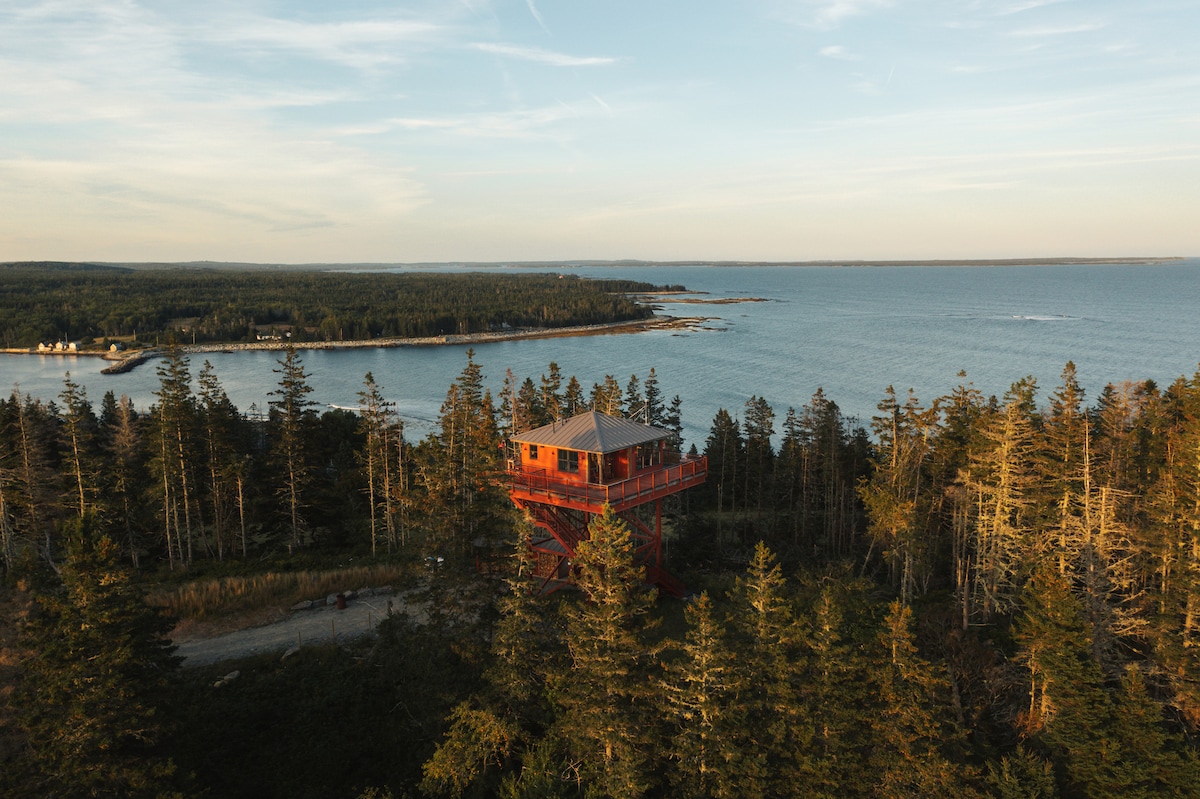 The Tower is perched atop steel legs, surrounded by evergreen trees. A panoramic view reveals the ocean and coastline in the distance, with the sky painted in soft hues. The structure's vibrant exterior contrasts against the natural landscape, offering a unique retreat elevated above the ground.