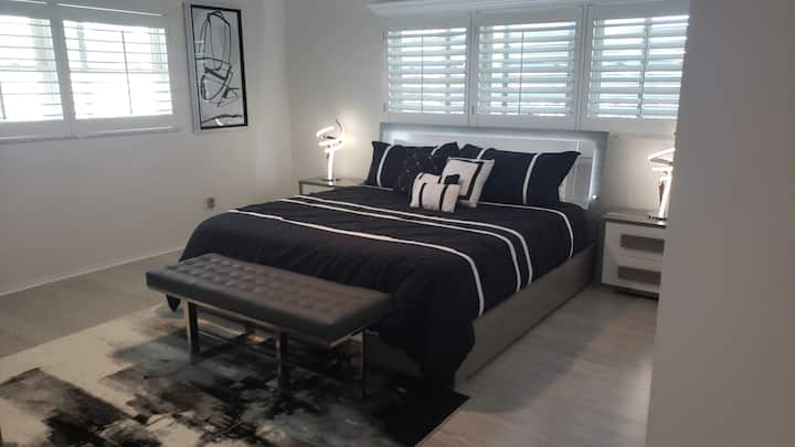 La chambre d'amis est spacieuse de 14 pieds x 15 pieds avec un lit King Size, des commodes, un double placard et de grandes fenêtres avec volets californiens, permettant beaucoup de lumière naturelle. Salle DE bain complète juste devant la porte d'entrée.