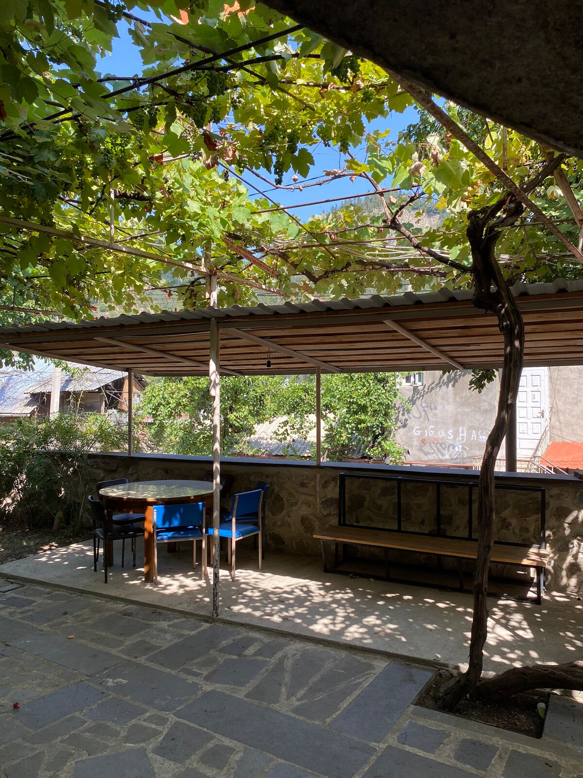 A shaded outdoor seating area features a sturdy table with blue chairs beneath a canopy of grapevine leaves. Natural stone walls provide a rustic backdrop, while sunlight filters through the leaves, creating a serene atmosphere.