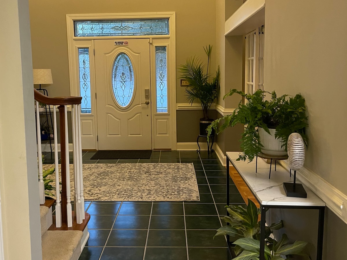 A spacious foyer features a large, rounded front door with decorative glass. Green plants add a touch of nature to the space, complemented by a patterned area rug and a console table against the wall. Natural light streams through nearby windows.