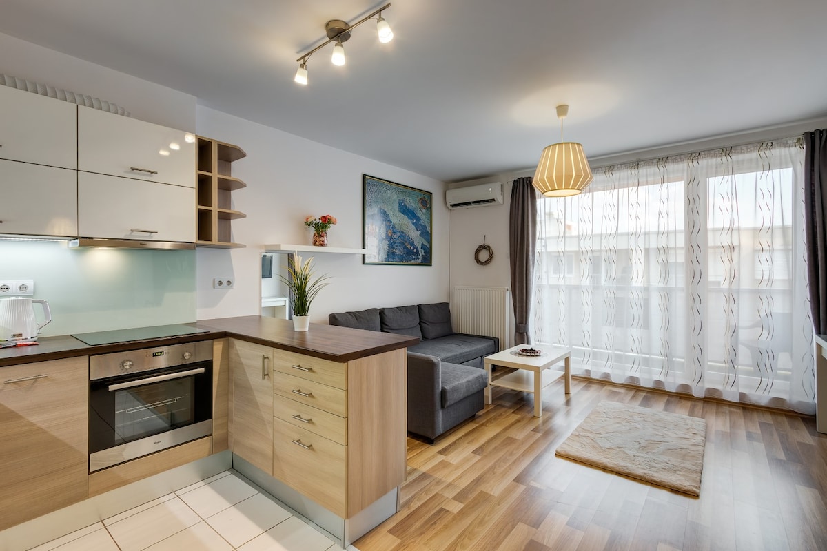 An airy living space features a modern kitchen island with wooden cabinetry and a stylish gray sofa. Natural light filters through sheer curtains, illuminating the room. A small table sits in front of the sofa, complemented by a decorative rug on the warm wood flooring.