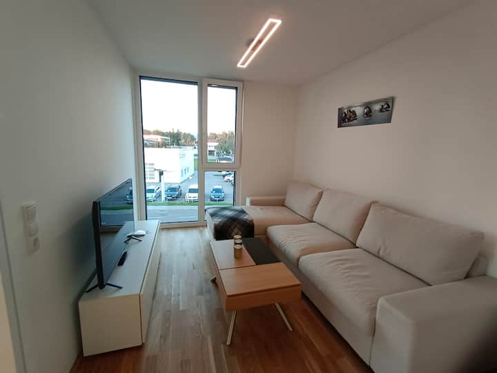 Zona giorno con divano letto (140x200 cm), 42 pollici HD-SMART TV con Internet TV, tende elettriche