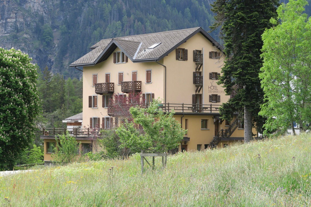 The exterior view of the 'Hôtel des Marécottes' showcases a three-story building featuring multiple balconies and window shutters. Surrounding greenery and mountains create a natural backdrop, highlighting the tranquil setting in the village.