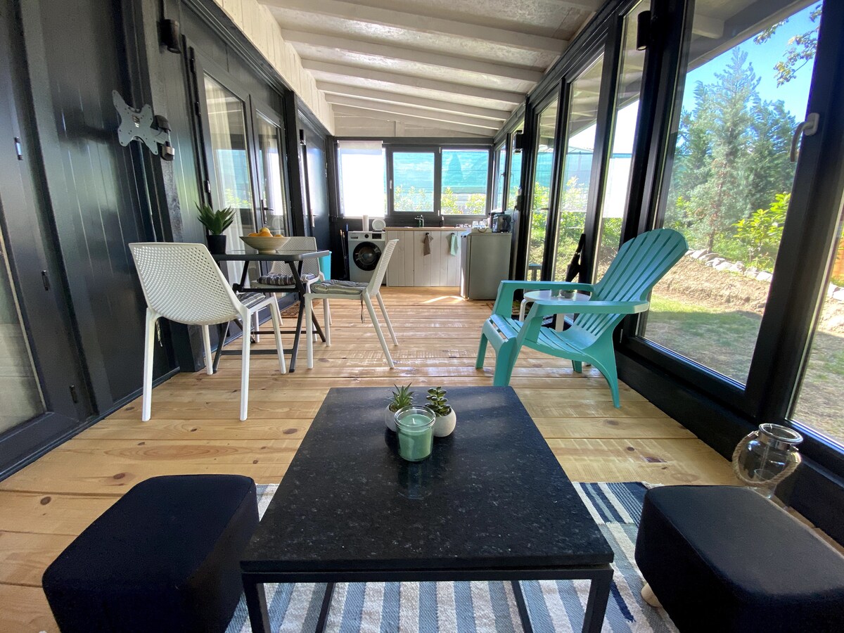 A bright sunroom features large windows allowing natural light to fill the space. Comfortable seating options, including an aqua-colored chair and white table, are arranged around a low black coffee table adorned with small plants. A view of the surrounding nature is visible beyond the glass.