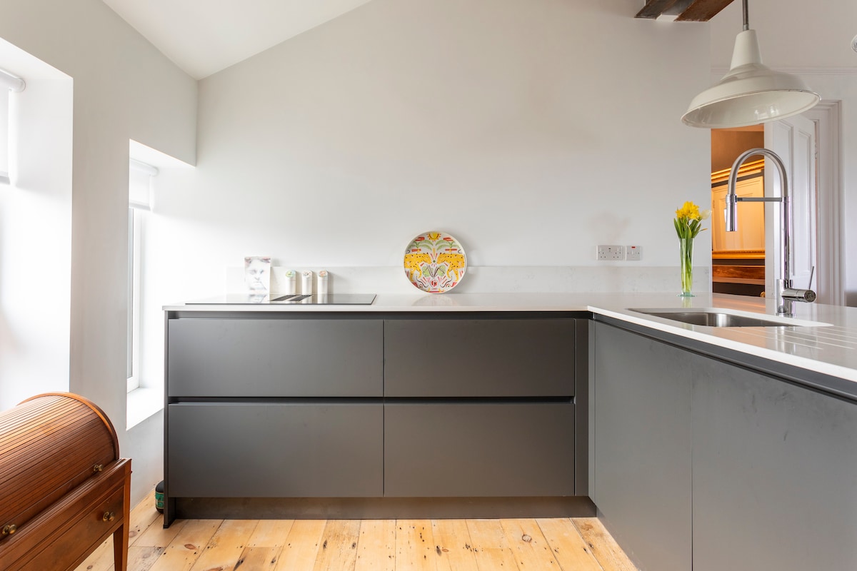 A modern kitchen space features sleek, dark cabinetry and a white countertop. Natural light is welcomed through large windows, illuminating a decorative plate displayed on the counter. Wooden flooring contributes to a warm ambiance.