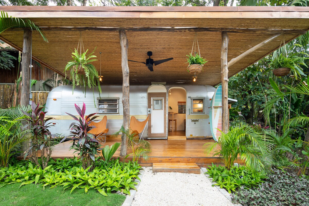 A vintage Airstream trailer sits beneath a covered wooden deck, surrounded by lush greenery. Two lounge chairs are placed on the deck, while potted plants add vibrant touches. A small pathway of white stones leads to the entrance, enhancing the inviting outdoor space.