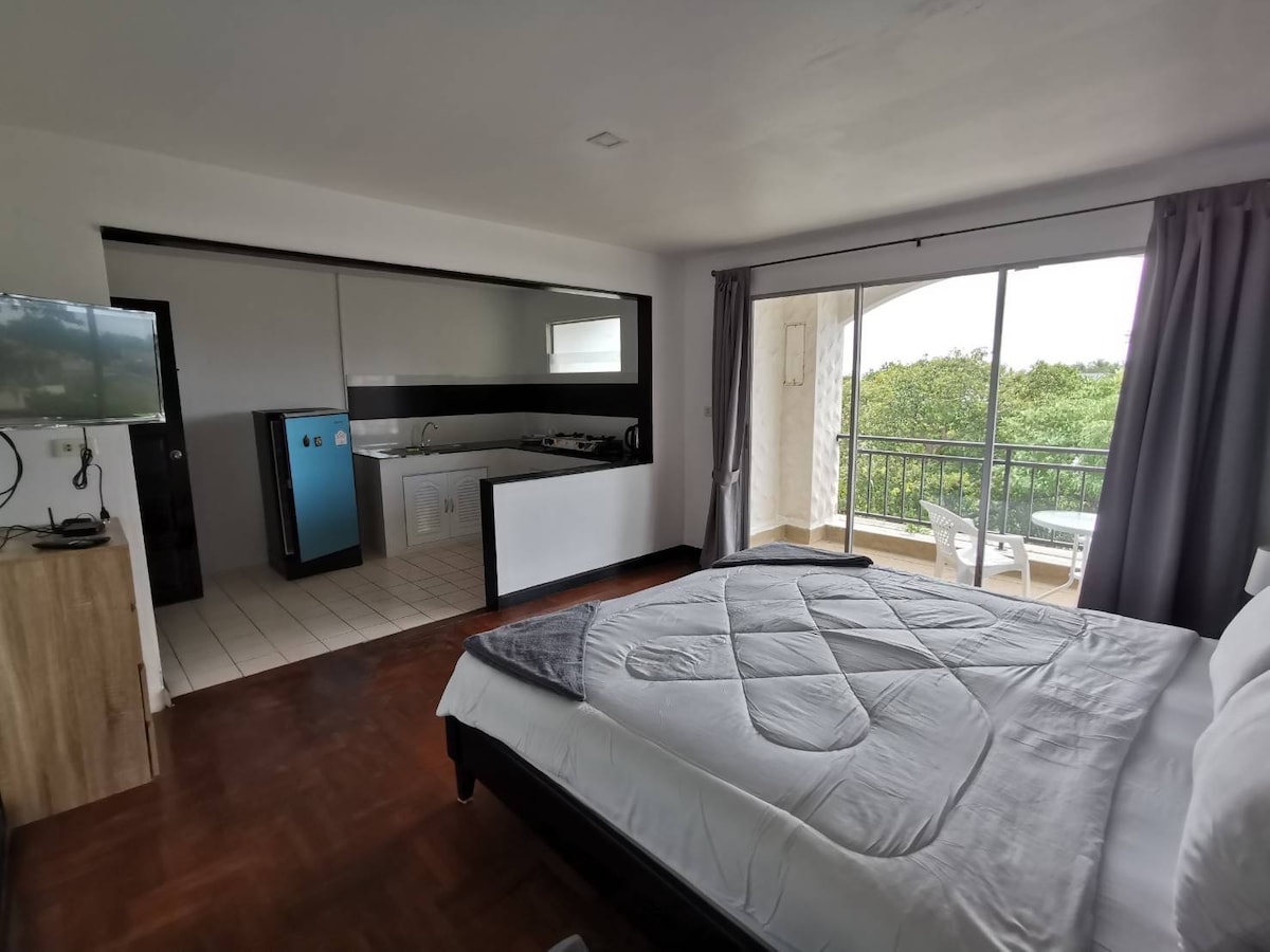 A well-lit bedroom features a spacious bed with a gray blanket. A flat-screen TV is mounted on a wooden cabinet. Floor-to-ceiling windows open to a balcony, providing a view of surrounding greenery. A kitchenette is visible. Gray curtains frame the windows.
